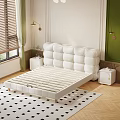 Elegant White Double Bed with Tufted Headboard Side Table Green Curtain and Chandelier