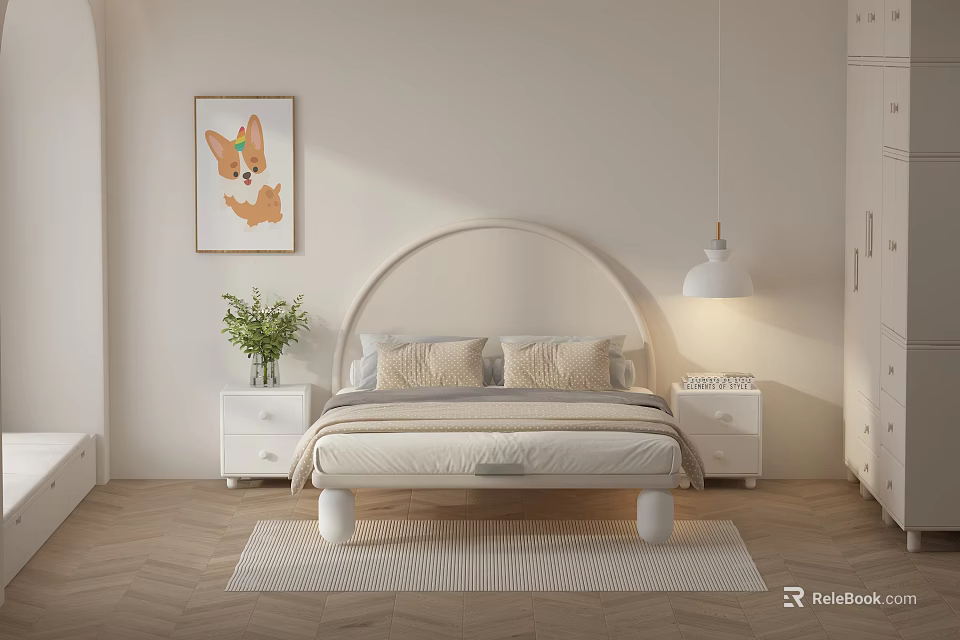 Modern Minimalist Kids Bed With Arched Headboard Corgi Painting Green Plant Lamp And Nightstands 3d model 