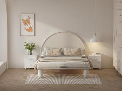Modern Minimalist Kids Bed With Arched Headboard Corgi Painting Green Plant Lamp And Nightstands 3d model