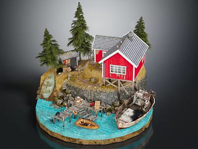 Old Wooden Boat And Small Rowboat Near Red House By Waterfront With Green Trees 3d model