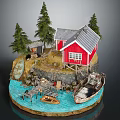 Old Wooden Boat And Small Rowboat Near Red House By Waterfront With Green Trees
