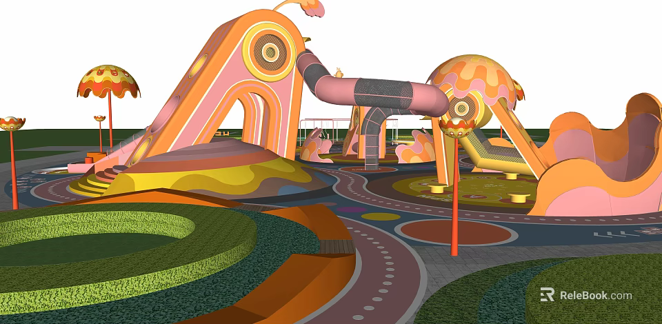 Colorful Children Playground With Slides Curved Tubes And Green Lawn Areas 3d model 