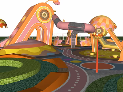 Colorful Children Playground With Slides Curved Tubes And Green Lawn Areas 3d model