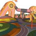Colorful Children Playground With Slides Curved Tubes And Green Lawn Areas
