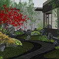 Tranquil Courtyard Garden Featuring Bamboo Red Leaf Tree Decorative Rocks Winding Path And Modern Building