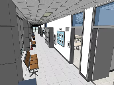 Modern Office Hallway With Gray Walls Seats Ceiling Lights And Tile Floor 3d model