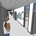 Modern Office Hallway With Gray Walls Seats Ceiling Lights And Tile Floor