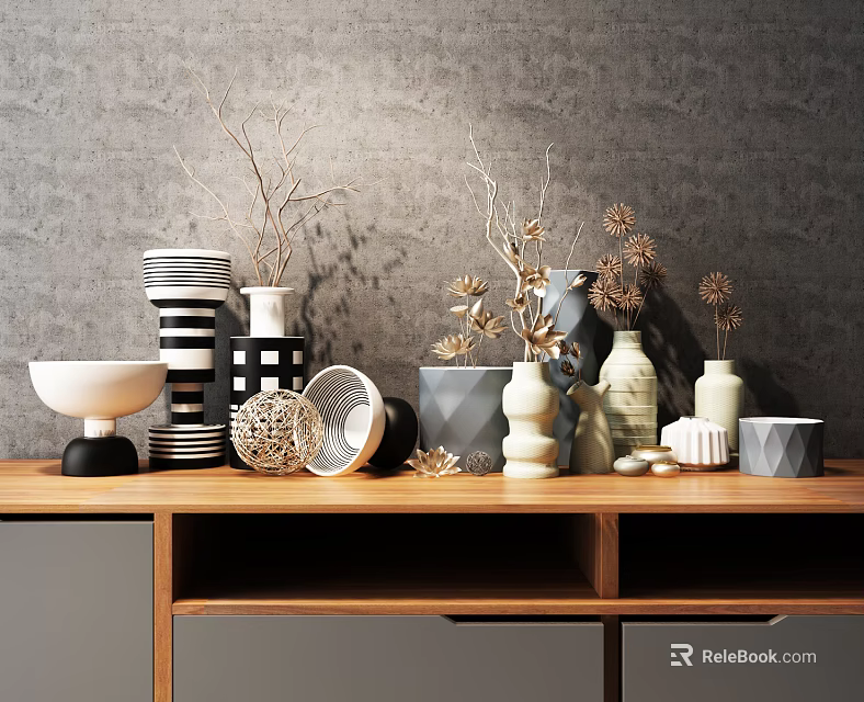 Decorative Ornament Set with Vases Bowls Stacked Plates Dried Flowers on Wooden Table Gray Wall 3d model 