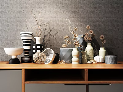 Decorative Ornament Set with Vases Bowls Stacked Plates Dried Flowers on Wooden Table Gray Wall 3d model