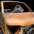 Rusted Damaged Van With Burnt Body And Broken Metal Parts