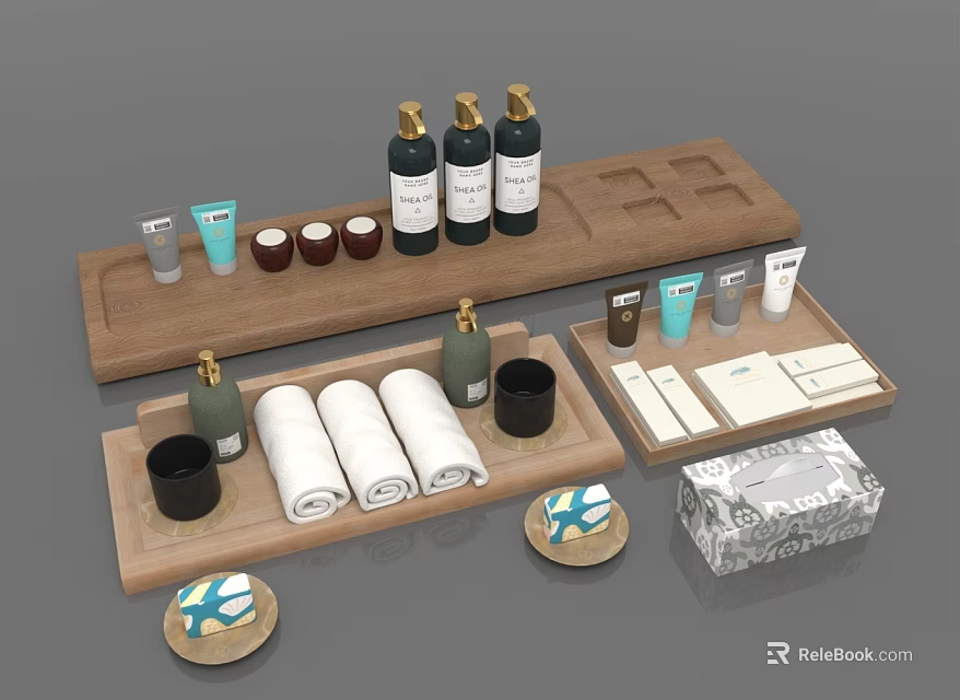 Bathroom Amenities Set With Wooden Trays Towels Toiletries Bottles And Soap Dishes 3d model 