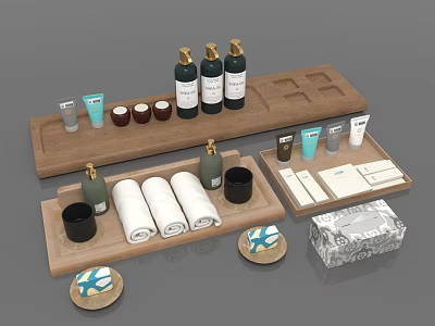 Bathroom Amenities Set With Wooden Trays Towels Toiletries Bottles And Soap Dishes 3d model