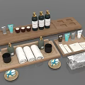 Bathroom Amenities Set With Wooden Trays Towels Toiletries Bottles And Soap Dishes