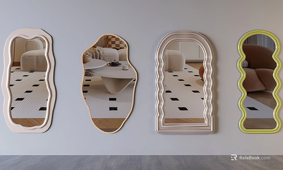 Modern Decorative Mirrors With Various Shapes Reflecting Interior Room Decor 3d model 