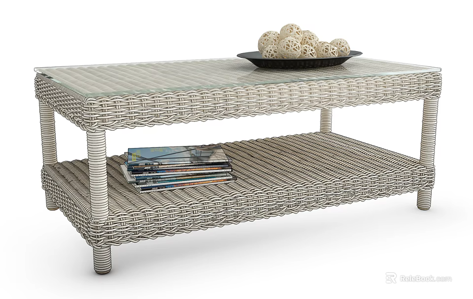 Wicker Coffee Table With Glass Top Lower Shelf And Decorative Balls On Tray 3d model 