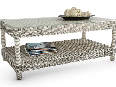 Wicker Coffee Table With Glass Top Lower Shelf And Decorative Balls On Tray 3d model