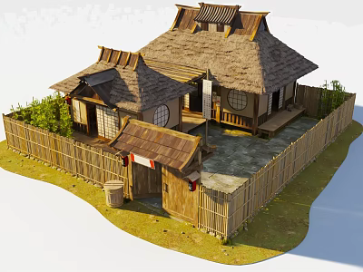 Traditional Japanese House With Thatched Roof Bamboo Fence And Wooden Veranda 3d model