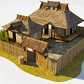 Traditional Japanese House With Thatched Roof Bamboo Fence And Wooden Veranda