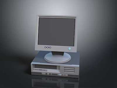 Vintage Desktop Computer On Reflective Surface With CRT Monitor Gray Tower And Black Screen 3d model
