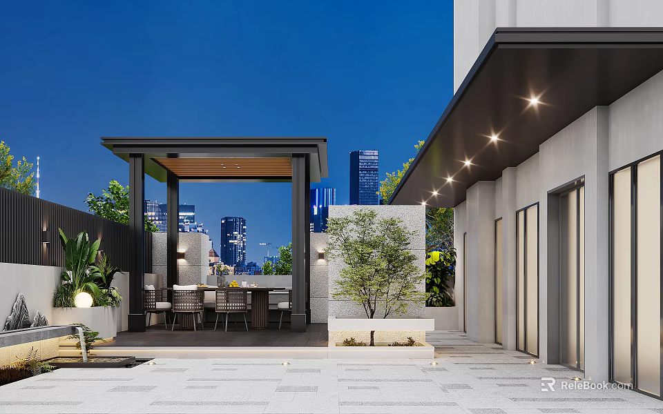 Modern Outdoor Garden Landscape With Pavilion Dining Set Green Plants And City Skyline 3d model 