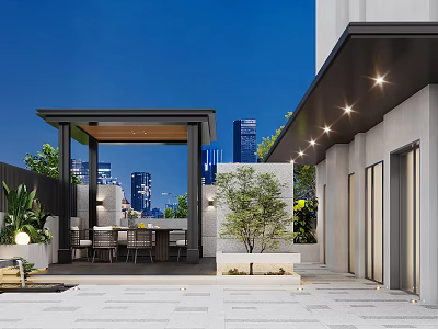 Modern Outdoor Garden Landscape With Pavilion Dining Set Green Plants And City Skyline 3d model