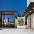Modern Outdoor Garden Landscape With Pavilion Dining Set Green Plants And City Skyline