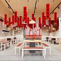Modern Hot Pot Restaurant Interior With Red Decor And Seating 3d model