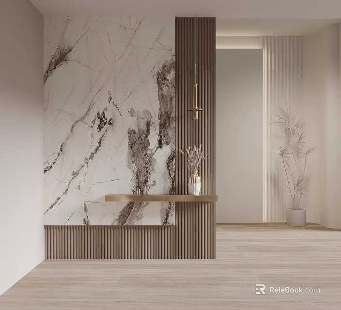 Modern Interior With Wooden Partition Marble Wall Console Table Vase Dried Flowers And Plants 3d model 