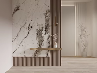 Modern Interior With Wooden Partition Marble Wall Console Table Vase Dried Flowers And Plants 3d model