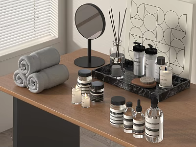 Stylish Bathroom Accessories Including Rolled Towels Mirror Aromatic Diffusers And Glass Bottles On Wooden Tray 3d model