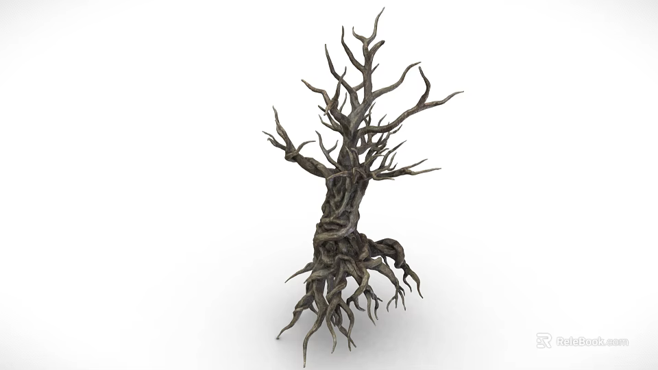 Cartoon Scene Featuring Dead Tree With Twisted Branches And Exposed Roots 3d model 