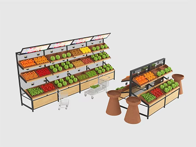 Multi Tiered Fruit Display Shelves With Wooden Metal Frames And Conical Stands For Assorted Fruits 3d model