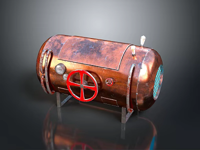 Copper Colored Cylindrical Industrial Equipment With Red Valve Gauges And Metal Stands 3d model