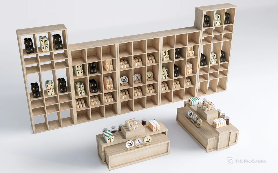 Wooden Display Shelves With Multiple Compartments For Retail Product 3d model