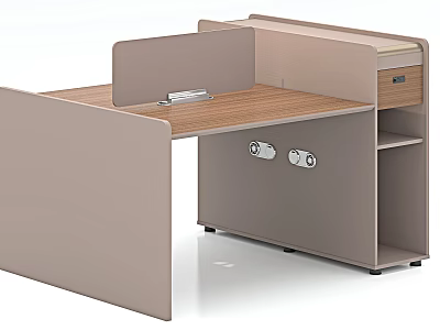 Modern Light Gray Office Desk With Wooden Tabletop Divider Panel Drawer And Open Shelves 3d model