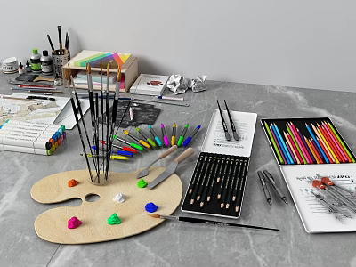 Assorted Colored Drawing Pens with Palette Brushes Paints and Paper Sheets on Artist Desk 3d model