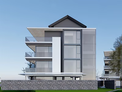 Modern Detached Villa Exterior With Large Glass Windows Balconies And Stone Wall Fence 3d model