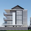 Modern Detached Villa Exterior With Large Glass Windows Balconies And Stone Wall Fence