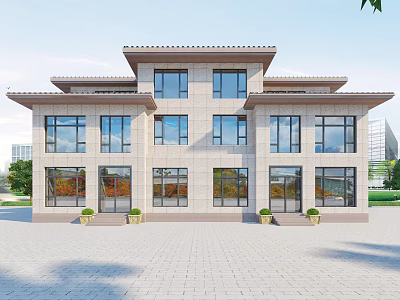 Modern Semi Detached Villa Exterior Stone Facade Large Windows Front Yard Green Plants 3d model
