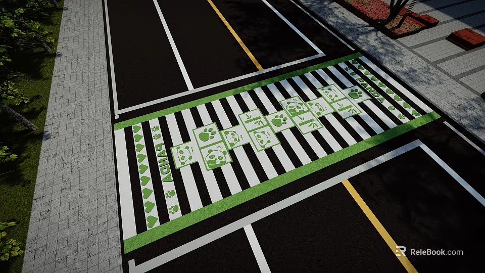 Chengdu Garden Landscape Design With Green And White Striped Pavement Panda Patterns And Footprints 3d model 