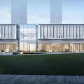 Modern Commercial Street Entrance With Glass Facade Buildings And Central Fountain Area