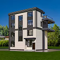 Modern Detached Villa With Multiple Balconies Large Glass Windows Green Lawn And Trees