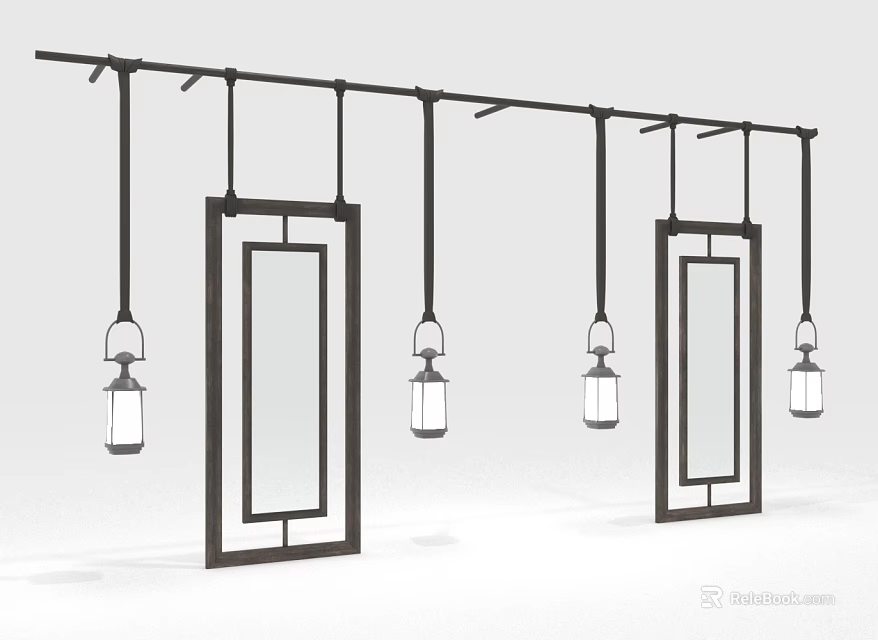 Decorative Rectangular Frames With Mirror Panels And Hanging Lantern Lights On Ceiling Bar 3d model