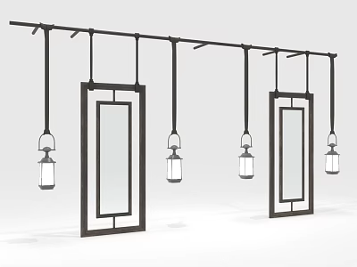 Decorative Rectangular Frames With Mirror Panels And Hanging Lantern Lights On Ceiling Bar 3d model