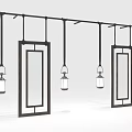 Decorative Rectangular Frames With Mirror Panels And Hanging Lantern Lights On Ceiling Bar 3d model