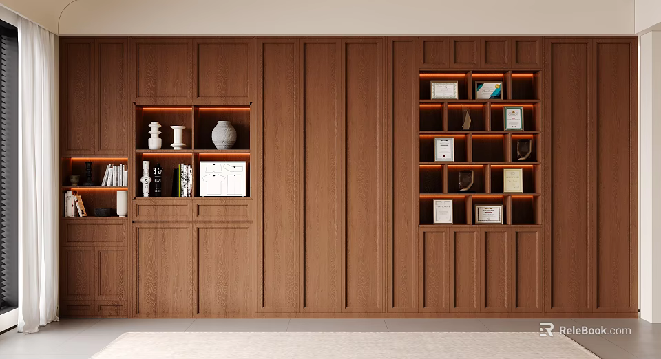 Dark Brown Wooden Bookcase with Multiple Shelves Built-in Lighting Books Vases Photo Frames and Decorations 3d model 