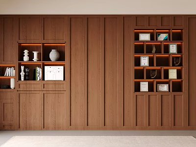 Dark Brown Wooden Bookcase with Multiple Shelves Built-in Lighting Books Vases Photo Frames and Decorations 3d model