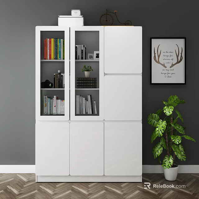 White Bookcase with Glass Doors Books Plants Decor Near Green Plant Deer Antlers Wall Art 3d model 