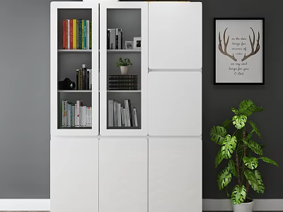 White Bookcase with Glass Doors Books Plants Decor Near Green Plant Deer Antlers Wall Art 3d model