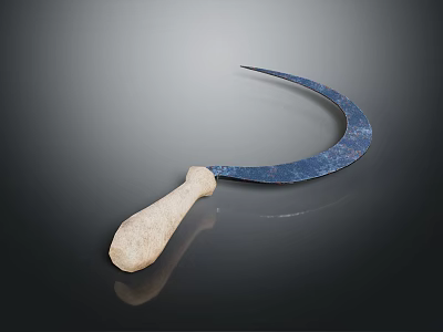 Blue Curved Blade Knife With Natural Wooden Handle And Metallic Finish 3d model